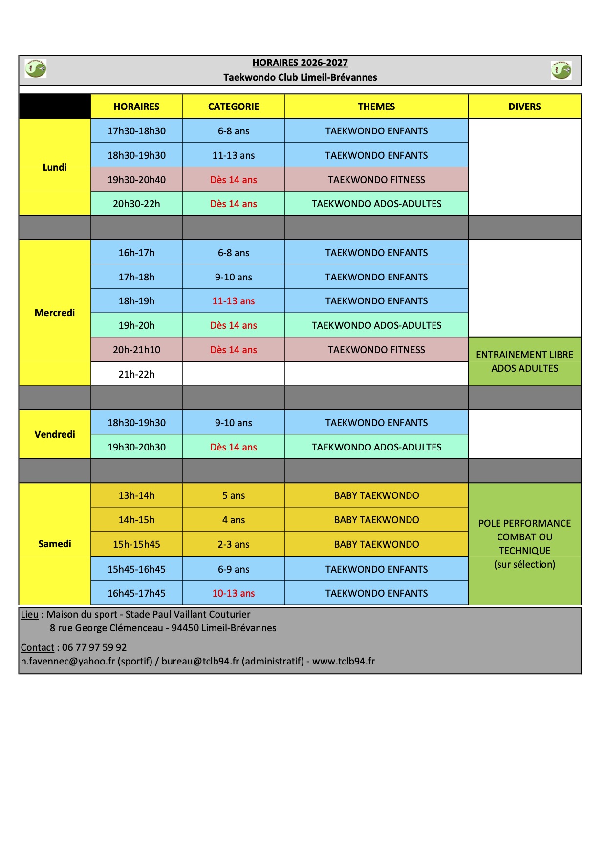horaires 2026-27